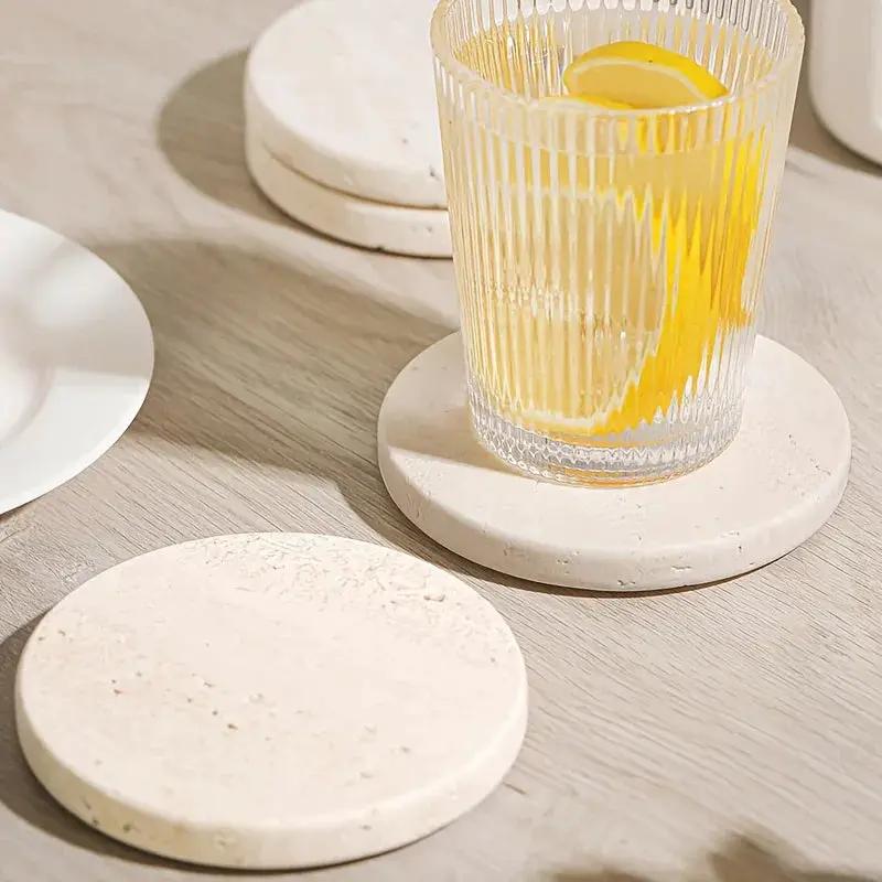 Set of 4 Natural Beige & Marble Coasters with Non-Slip Cork Backing - 10.16cm Round Stone Drink Coasters, Beige/White/Gray/Black Marble Patterns, Sturdy & Durable Table Protectors for Home Decor, Housewarming Wedding Gift, Sc by House Of Avana