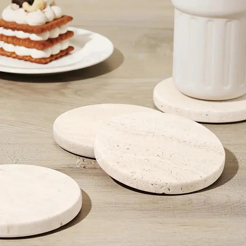 Set of 4 Natural Beige & Marble Coasters with Non-Slip Cork Backing - 10.16cm Round Stone Drink Coasters, Beige/White/Gray/Black Marble Patterns, Sturdy & Durable Table Protectors for Home Decor, Housewarming Wedding Gift, Sc by House Of Avana