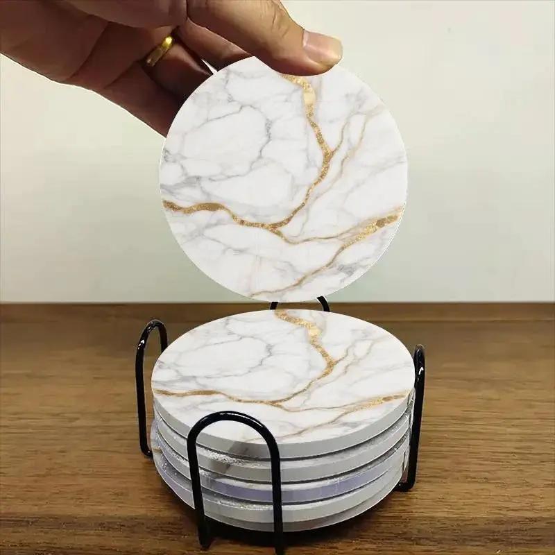Set of 6 charming round ceramic coasters- white pattern with Golden thread, heat- resistant and non- slip beverage mats, suitable for home and restaurant tabletop decoration, perfect housewarming gift by House Of Avana