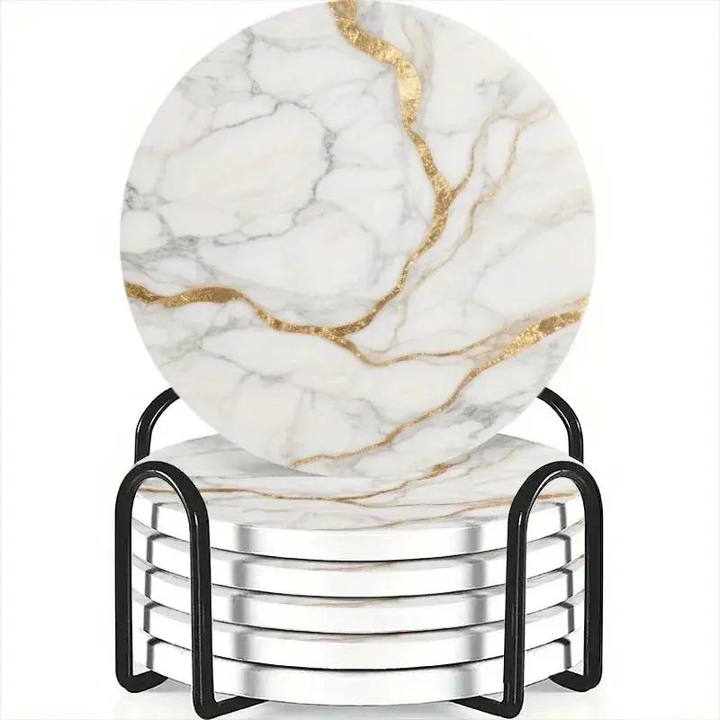 Set of 6 charming round ceramic coasters- white pattern with Golden thread, heat- resistant and non- slip beverage mats, suitable for home and restaurant tabletop decoration, perfect housewarming gift by House Of Avana
