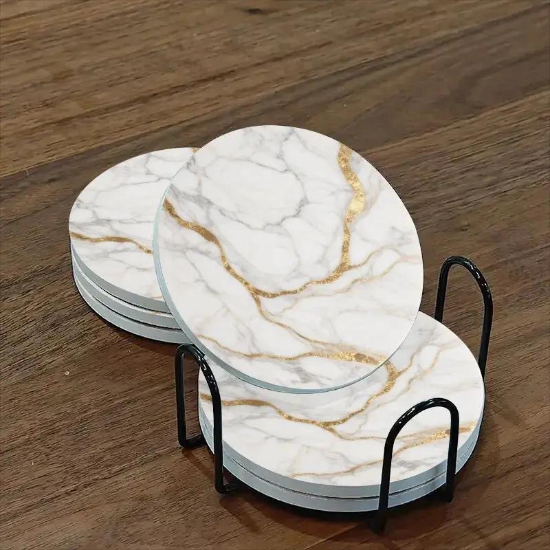 Set of 6 charming round ceramic coasters- white pattern with Golden thread, heat- resistant and non- slip beverage mats, suitable for home and restaurant tabletop decoration, perfect housewarming gift by House Of Avana