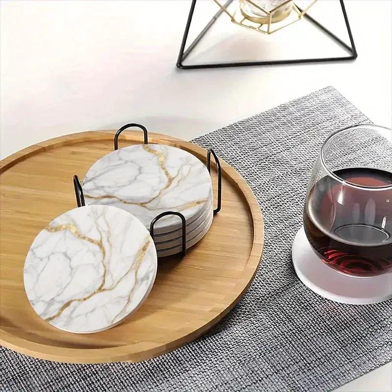 Set of 6 charming round ceramic coasters- white pattern with Golden thread, heat- resistant and non- slip beverage mats, suitable for home and restaurant tabletop decoration, perfect housewarming gift by House Of Avana