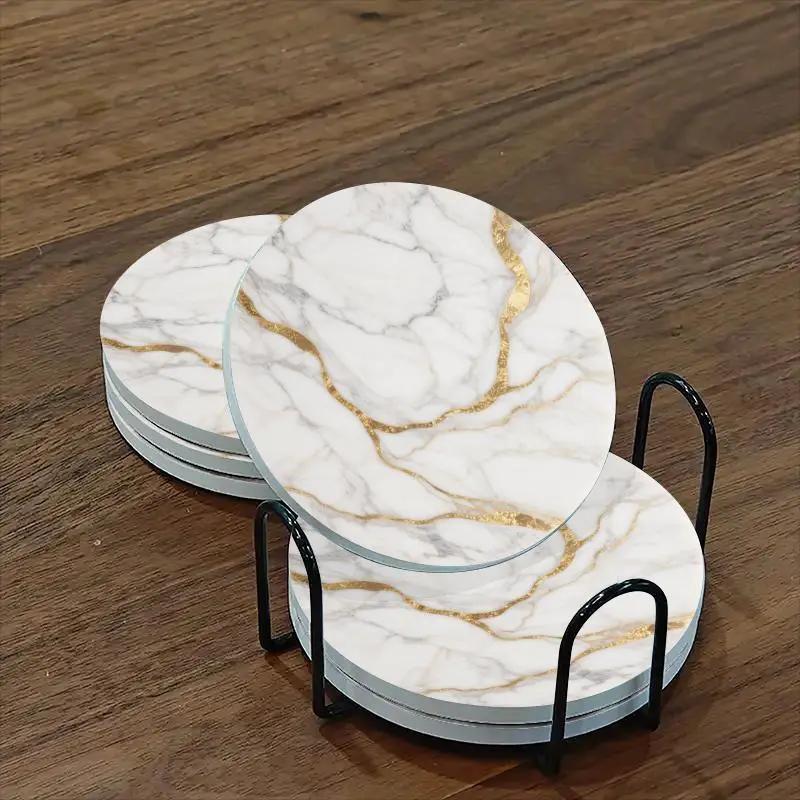 Set of 6 charming round ceramic coasters- white pattern with Golden thread, heat- resistant and non- slip beverage mats, suitable for home and restaurant tabletop decoration, perfect housewarming gift by House Of Avana