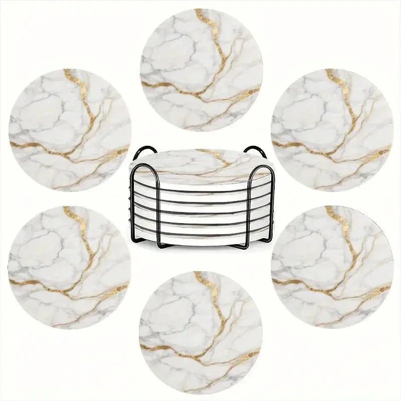 Set of 6 charming round ceramic coasters- white pattern with Golden thread, heat- resistant and non- slip beverage mats, suitable for home and restaurant tabletop decoration, perfect housewarming gift by House Of Avana