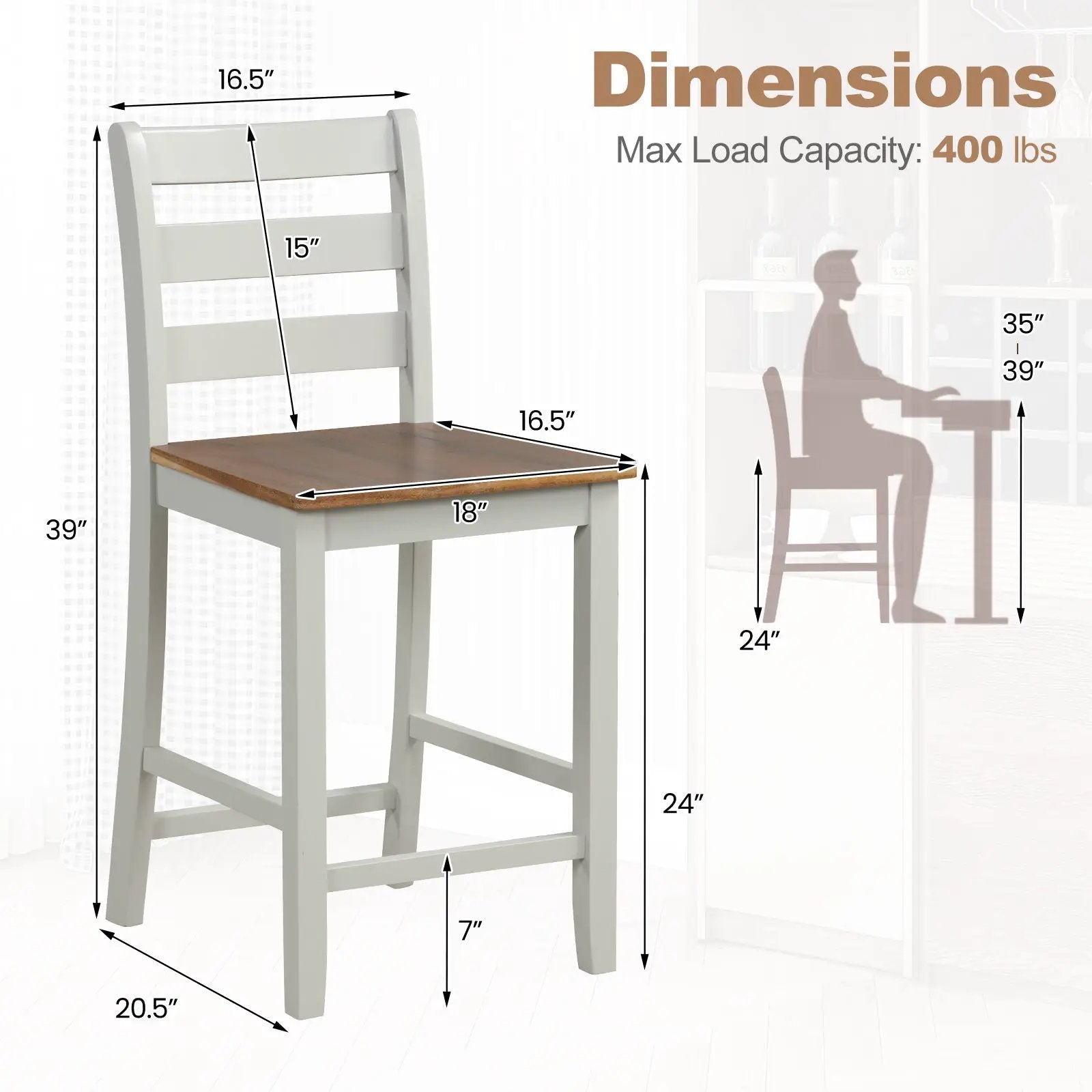 Set of 2 Counter Bar Stool with Inclined Backrest and Footrest-Gray by DirectDeals