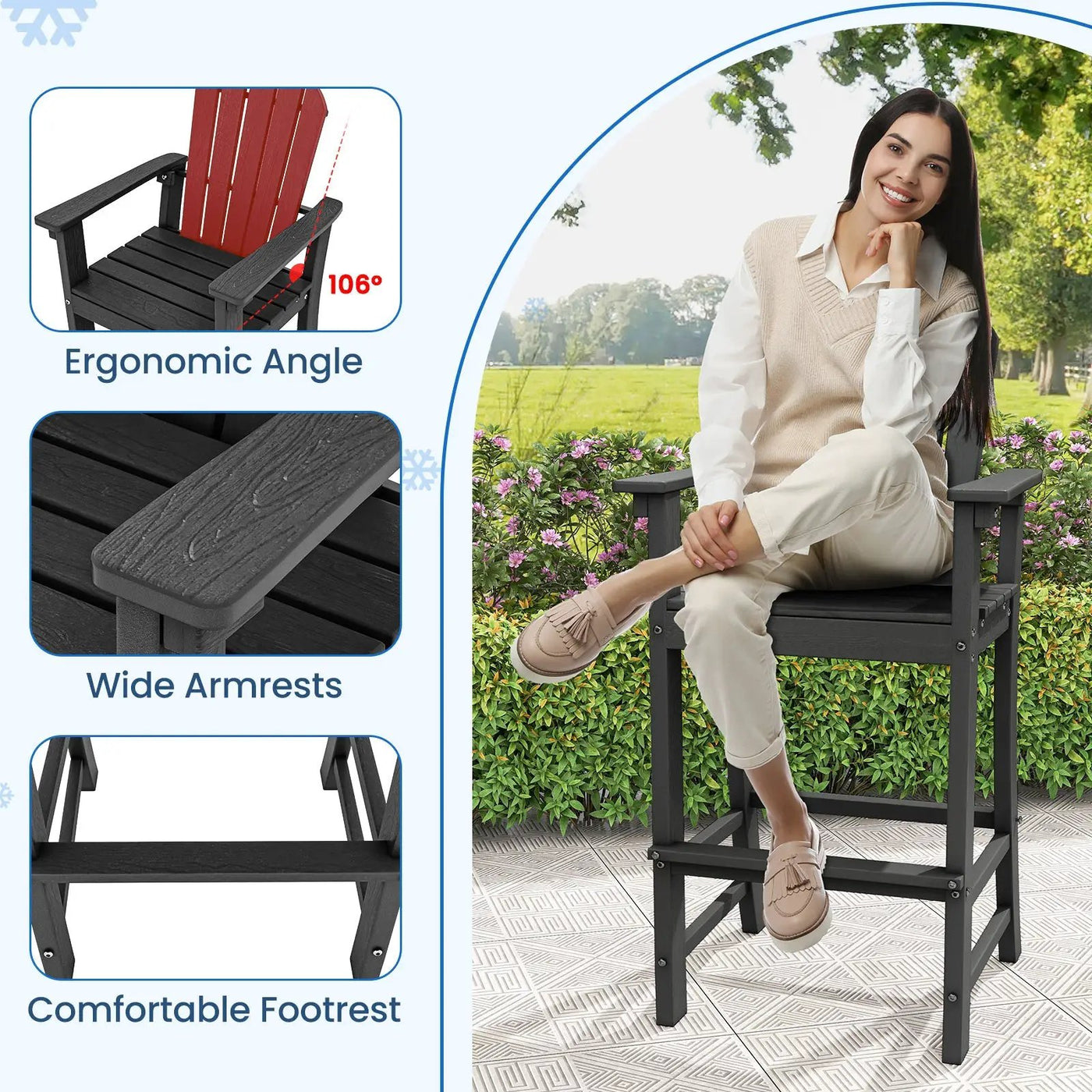 Set of 2 Counter Height Outdoor HDPE Bar Stool with Armrests and Footrest by DirectDeals