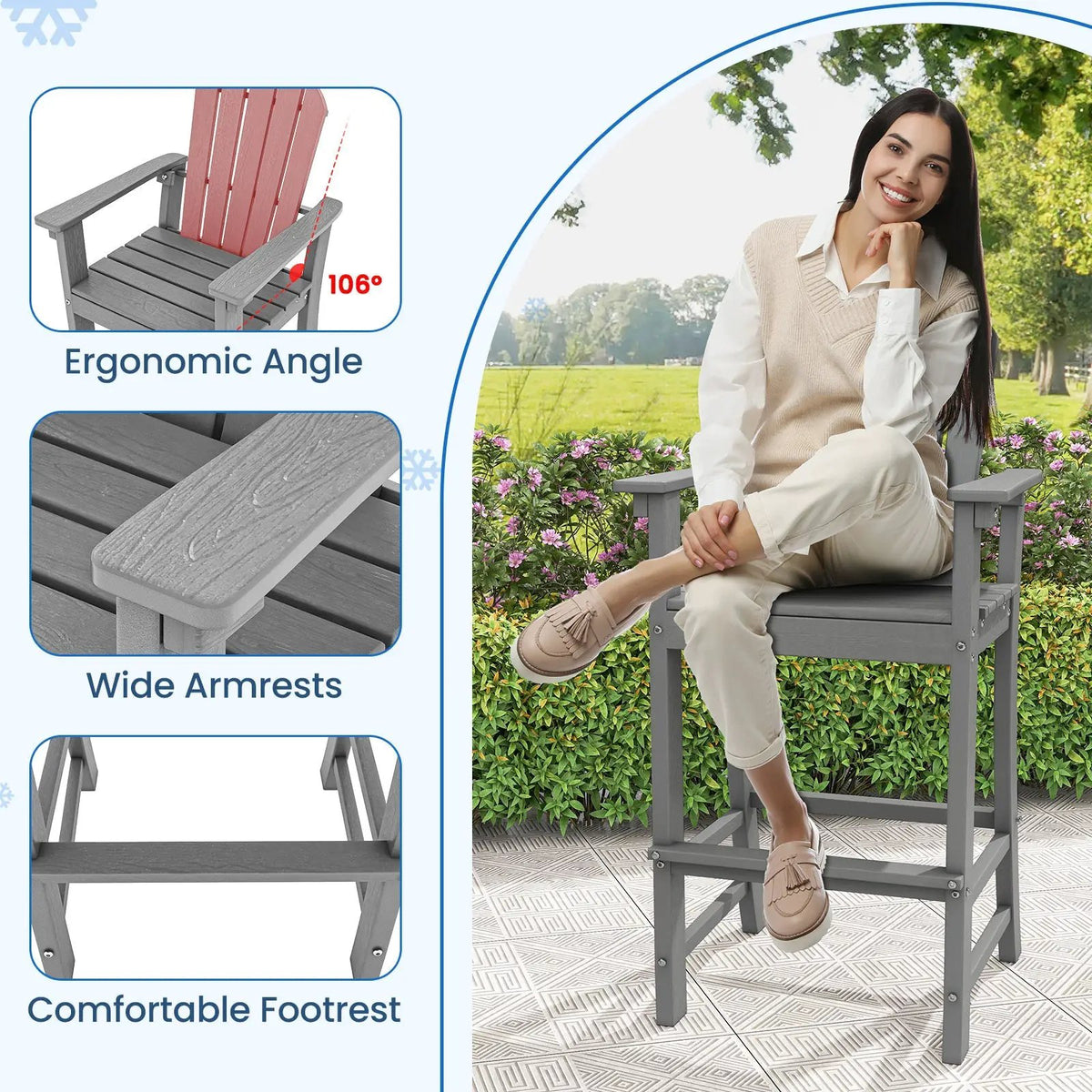 Set of 2 Counter Height Outdoor HDPE Bar Stool with Armrests and Footrest by DirectDeals