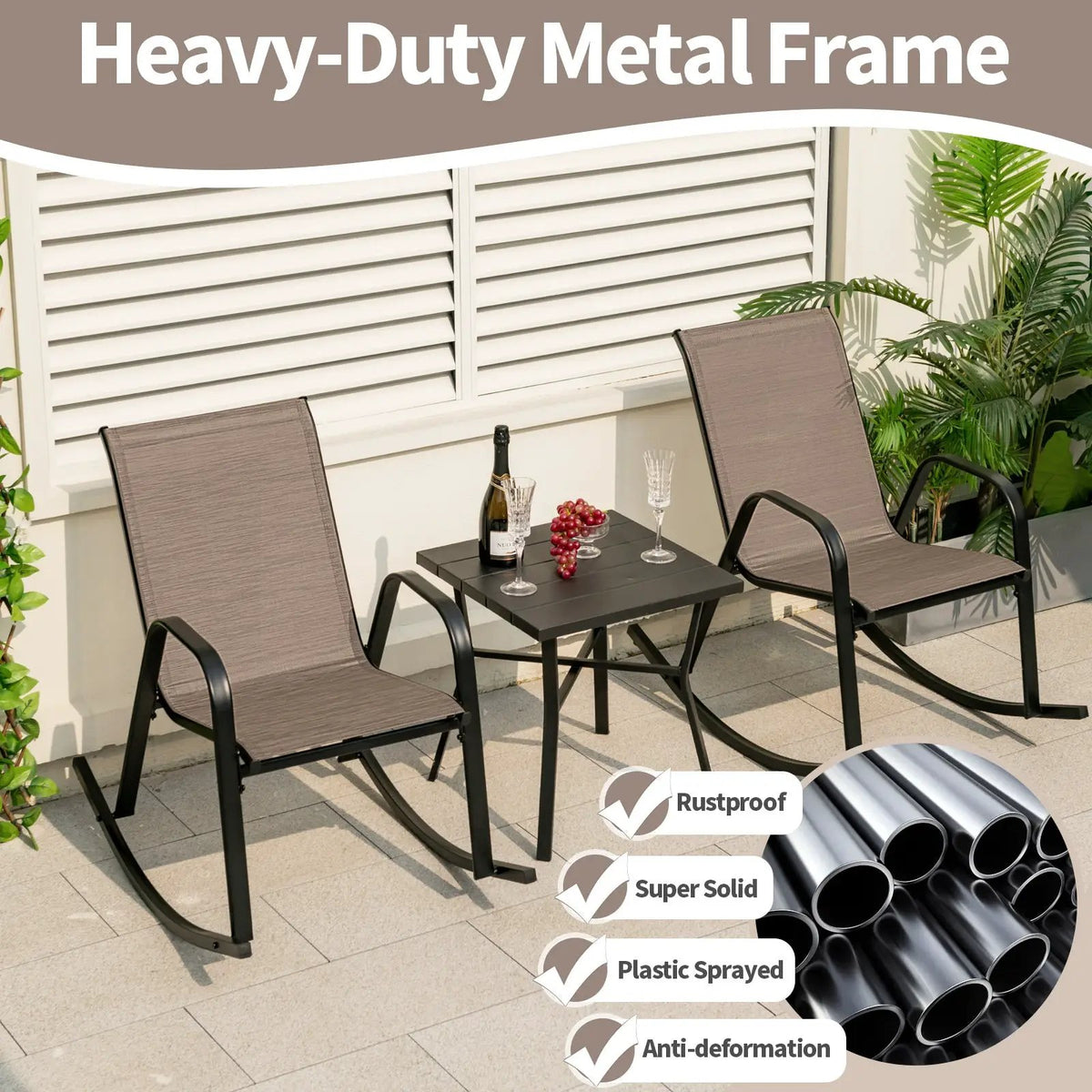 Set of 2 Metal Patio Rocking Chair with Breathable Seat Fabric by DirectDeals