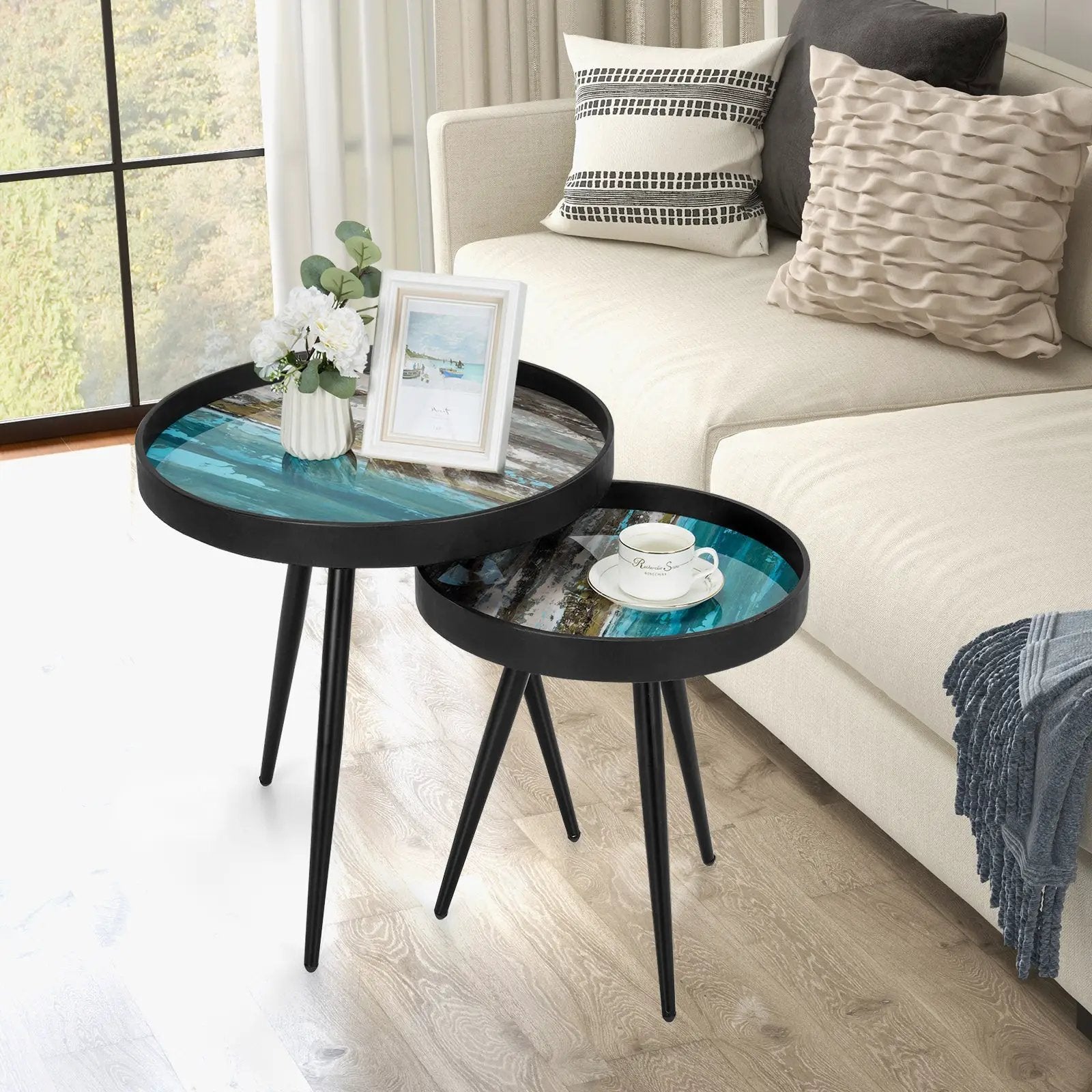 Set of 2 Stylish Nesting End Tables with Wooden Tray Top and Steel Legs-Black by DirectDeals