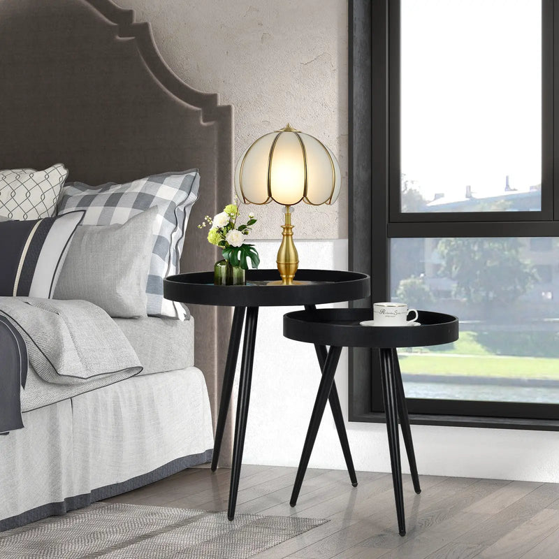 Set of 2 Stylish Nesting End Tables with Wooden Tray Top and Steel Legs-Black by DirectDeals