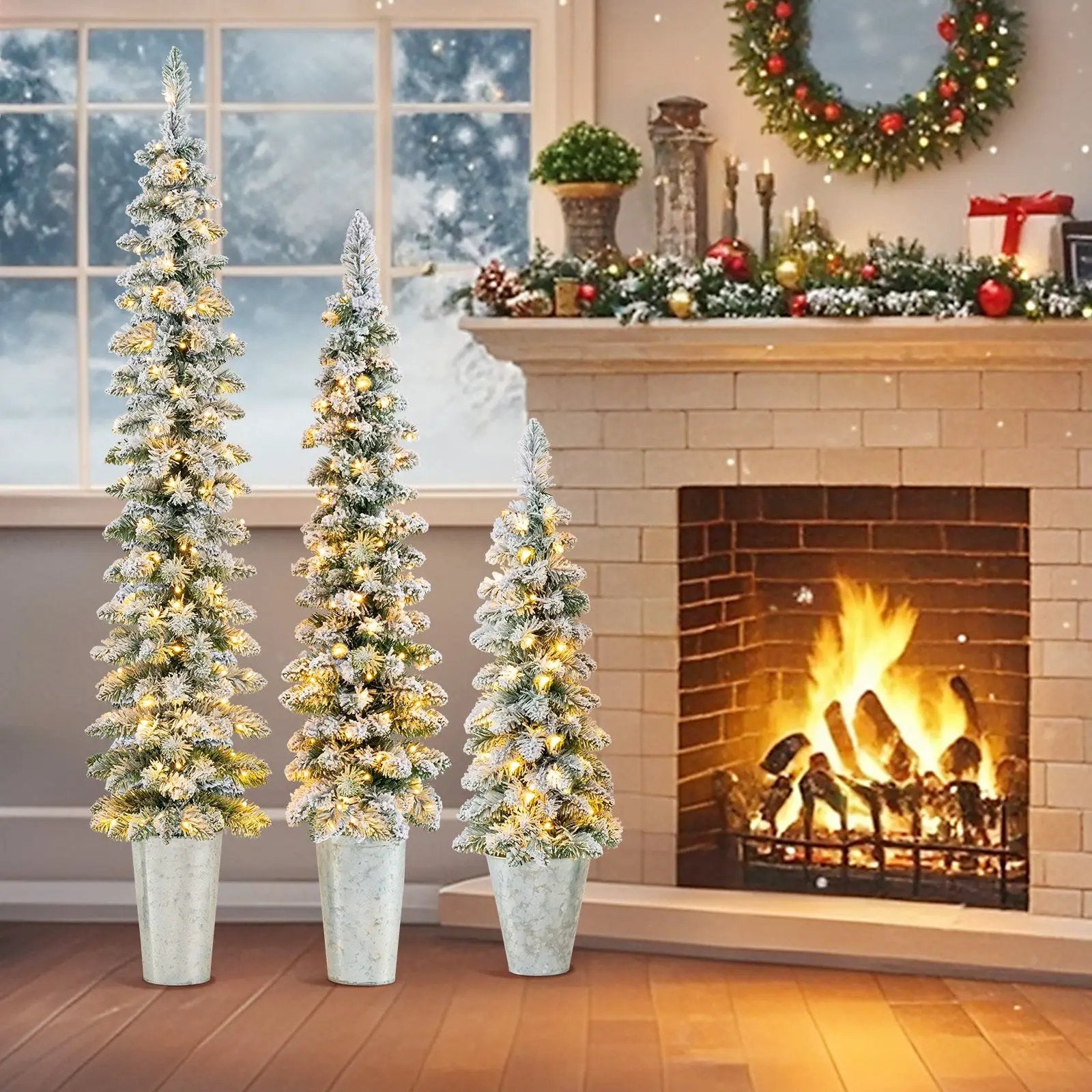 Set of 3 Pre-Lit Snow Flocked Artificial Christmas Trees witrh 423 Branch Tips by DirectDeals