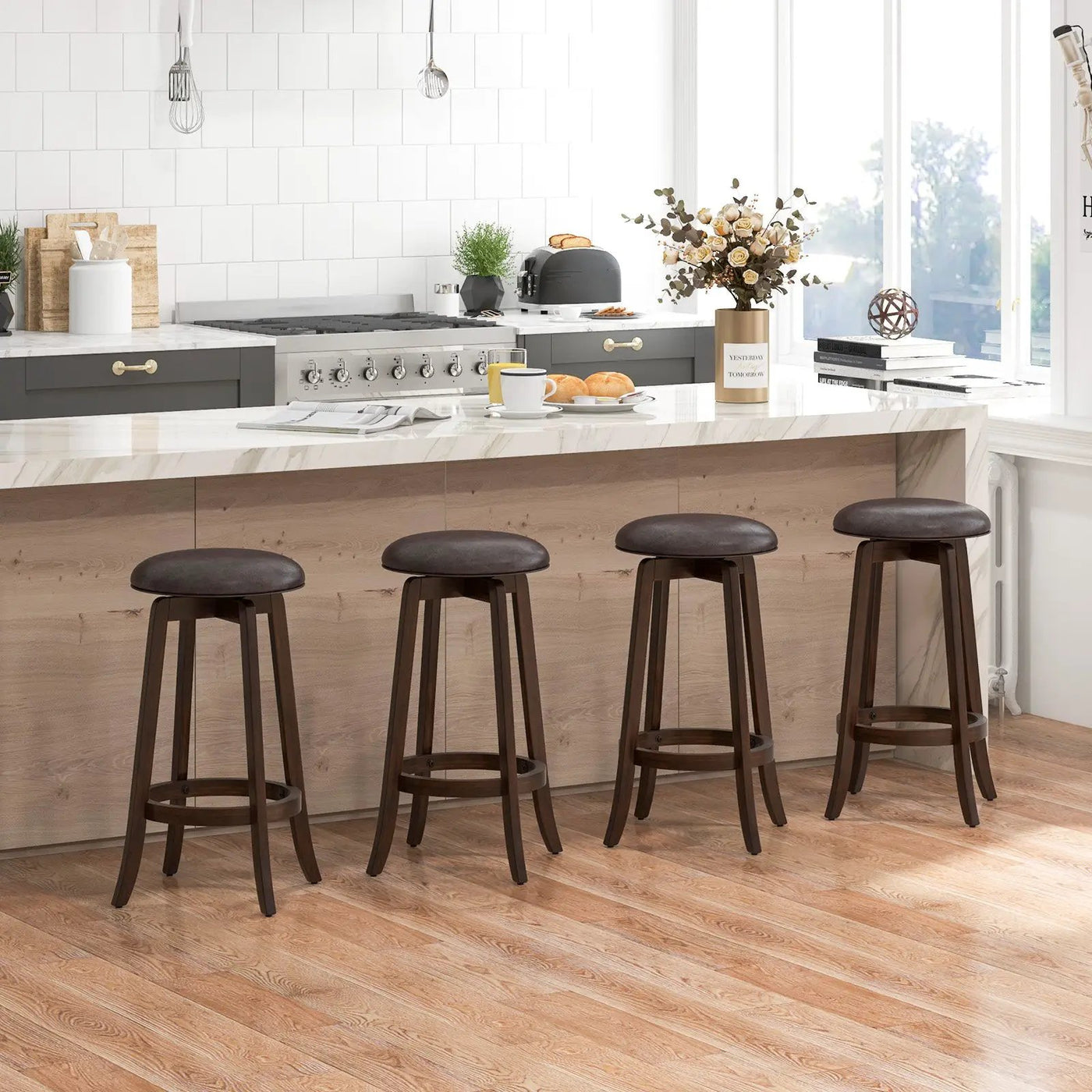 Set of 2 24/29 Inch Upholstered PU Leather Bar Stool with 360° Swivel Round Seat by DirectDeals
