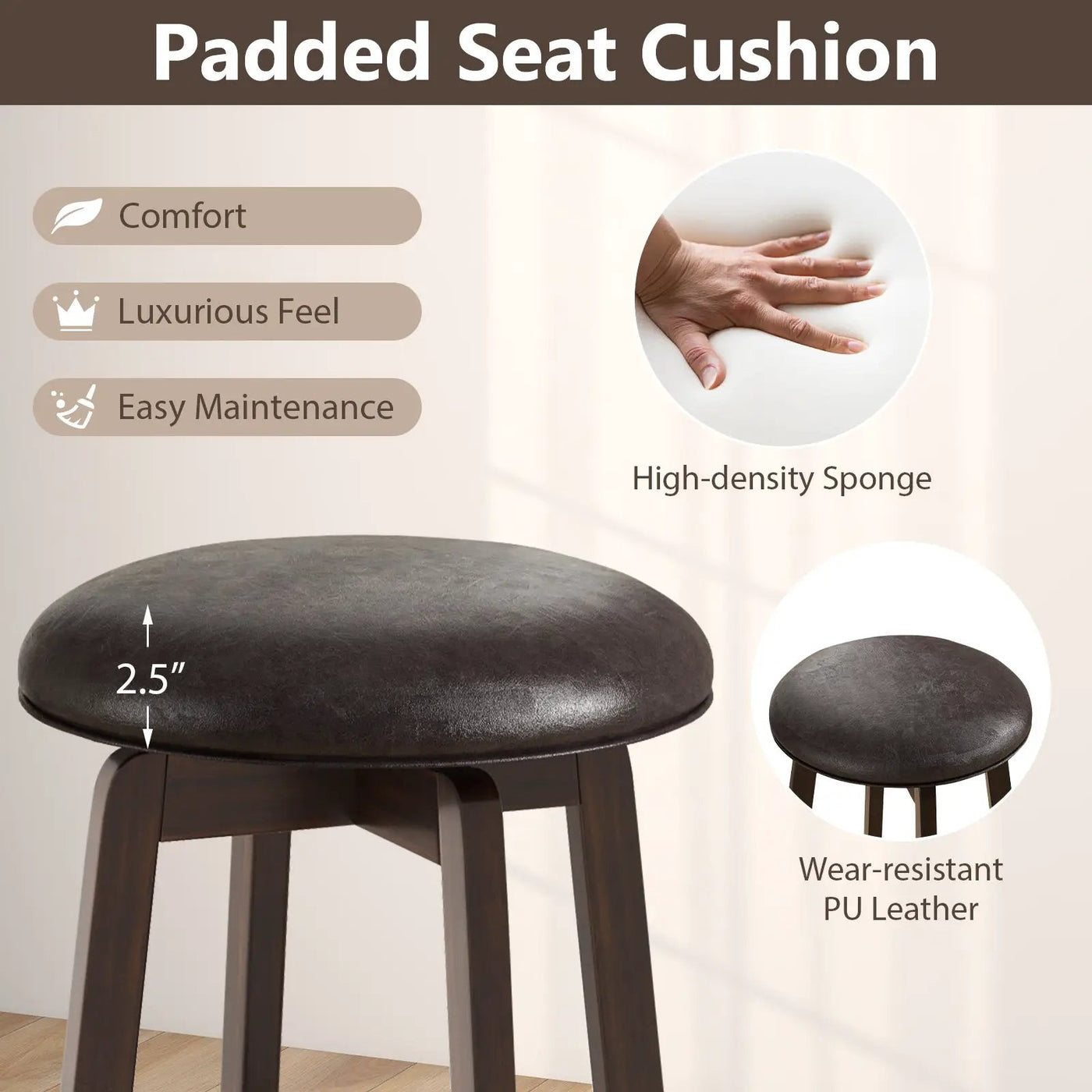 Set of 2 24/29 Inch Upholstered PU Leather Bar Stool with 360° Swivel Round Seat by DirectDeals