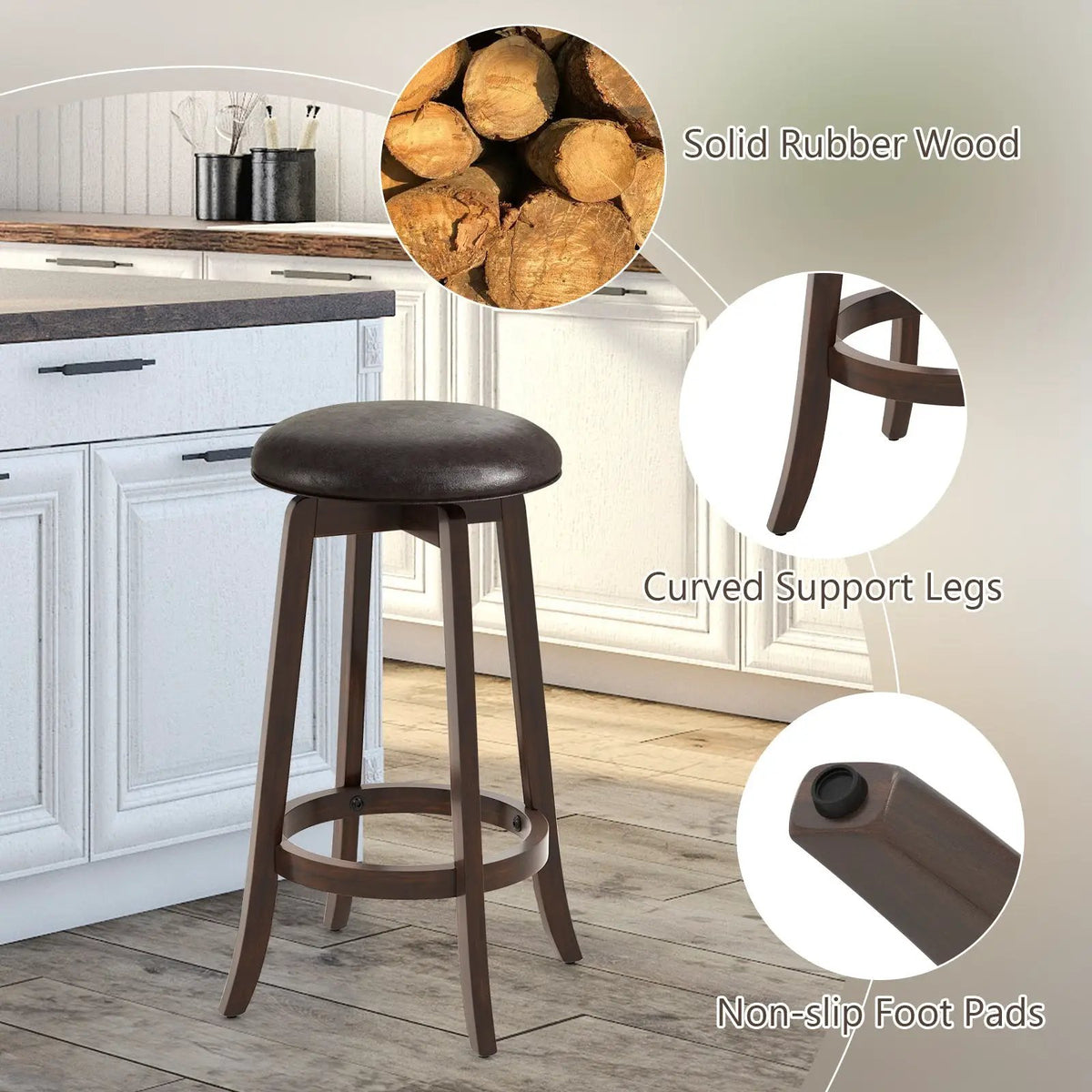 Set of 2 24/29 Inch Upholstered PU Leather Bar Stool with 360° Swivel Round Seat by DirectDeals