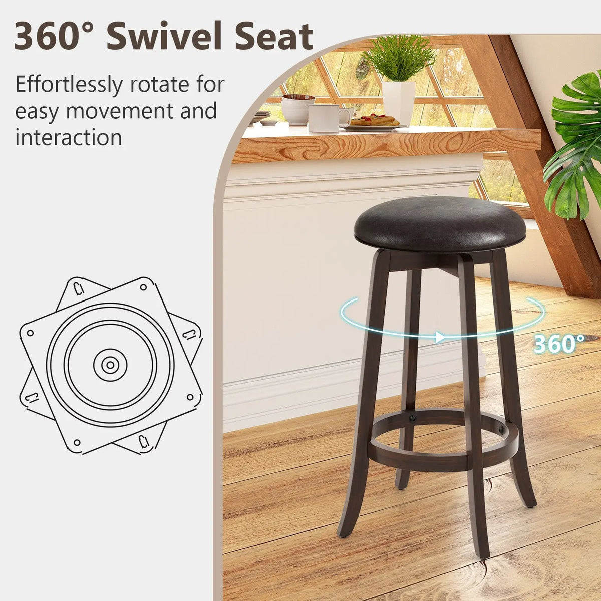 Set of 2 24/29 Inch Upholstered PU Leather Bar Stool with 360° Swivel Round Seat by DirectDeals