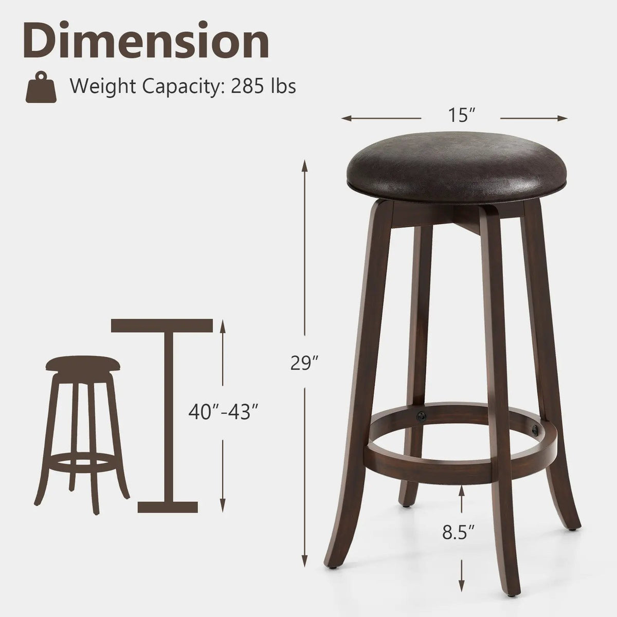 Set of 2 24/29 Inch Upholstered PU Leather Bar Stool with 360° Swivel Round Seat by DirectDeals