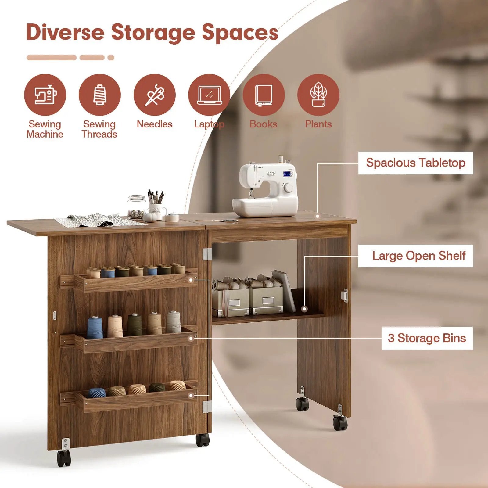 Folding Sewing Craft Table Shelf Storage Cabinet Home Furniture by DirectDeals