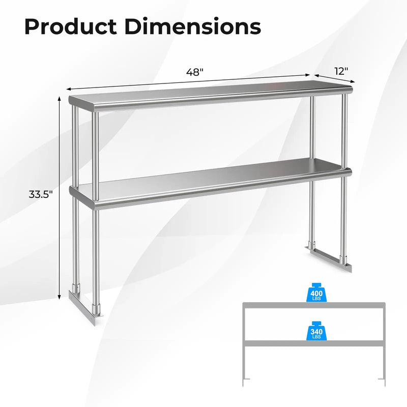 48 x 12 Inch Kitchen Stainless Steel Overshelf with Adjustable Lower Shelf by DirectDeals
