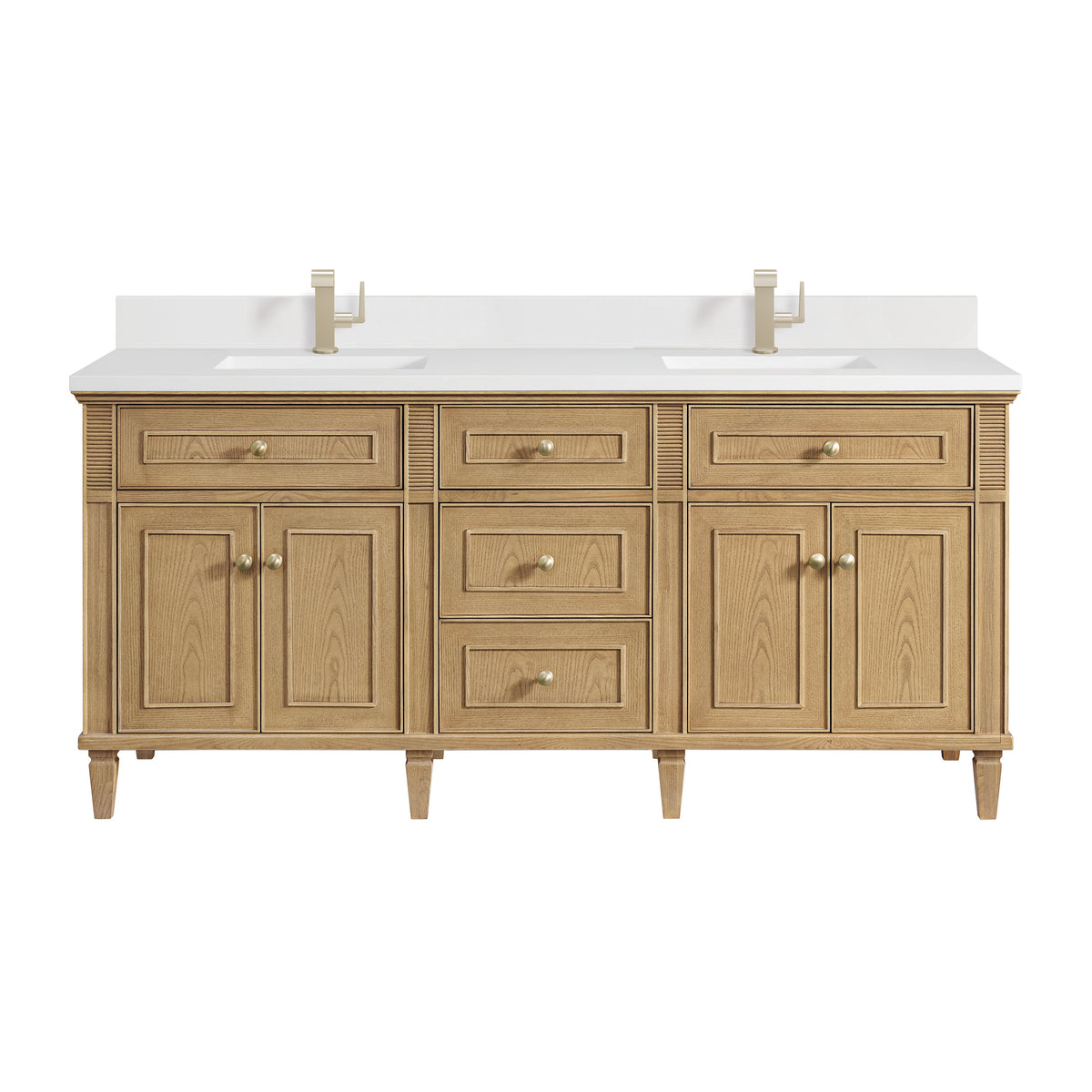 James Martin Lorelai 72" Double Bathroom Vanity, Light Natural Oak with White Zeus (Single Hole, with Backsplash) countertop