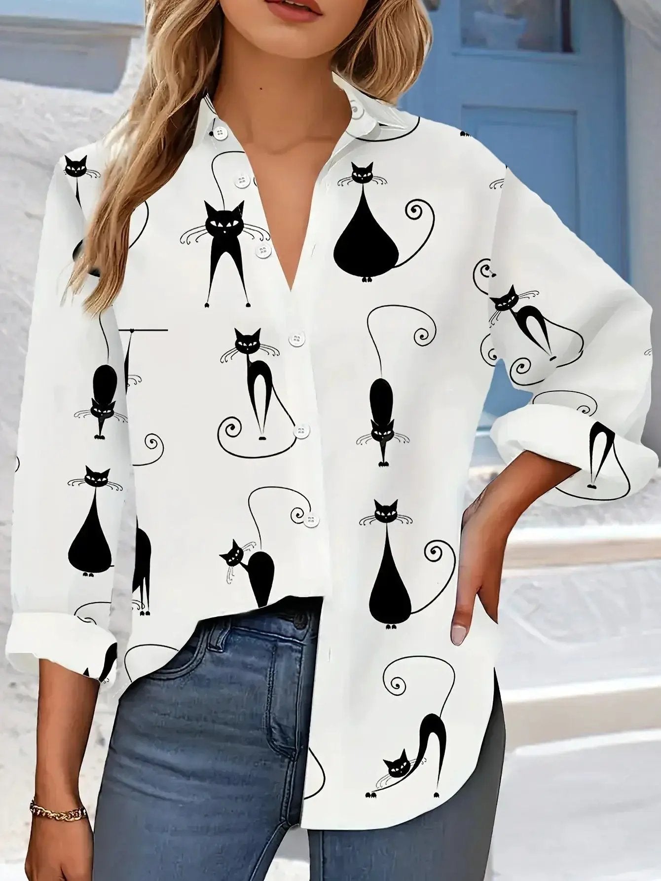 Shirt - Cat Print Cotton Long-Sleeve by House Of Avana