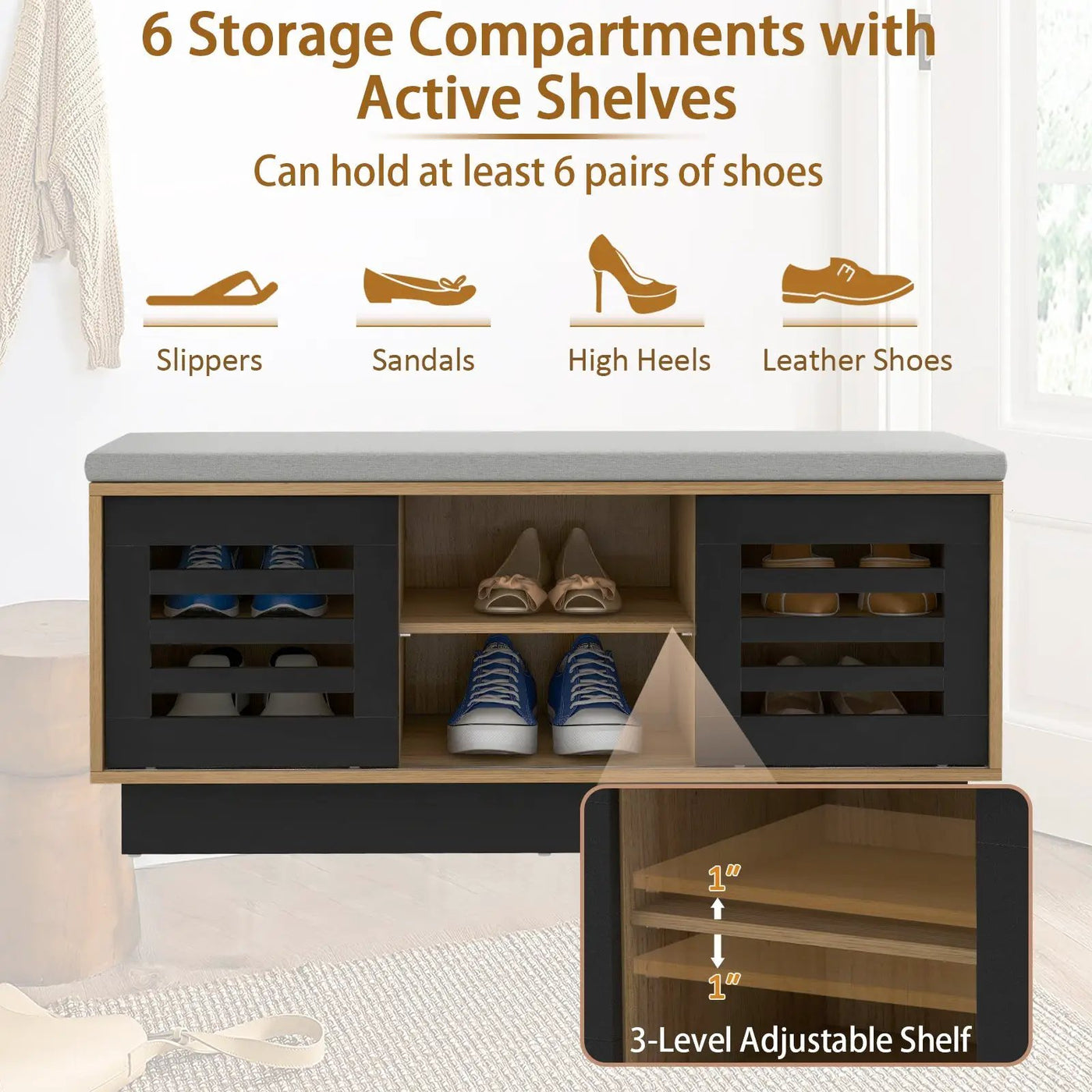 Shoe Bench with 6 Storage Compartments and 3 Adjustable Shelves by DirectDeals