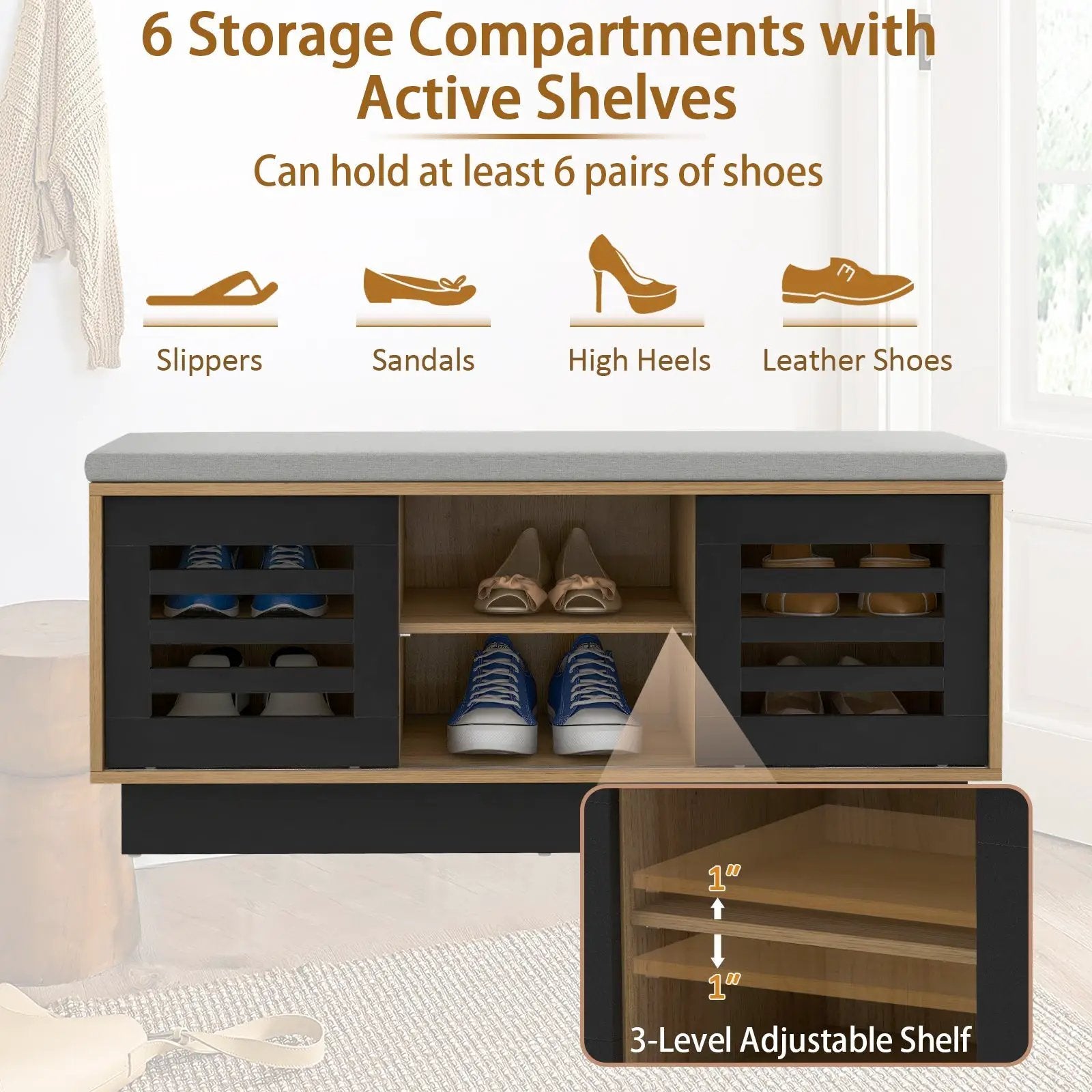Shoe Bench with 6 Storage Compartments and 3 Adjustable Shelves by DirectDeals