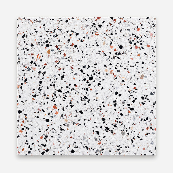 Gray terrazzo tile with black and orange chips