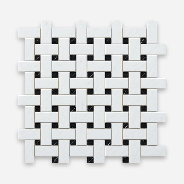 White marble basket weave mosaic tile with black accents