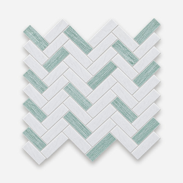 White and green marble herringbone mosaic tile