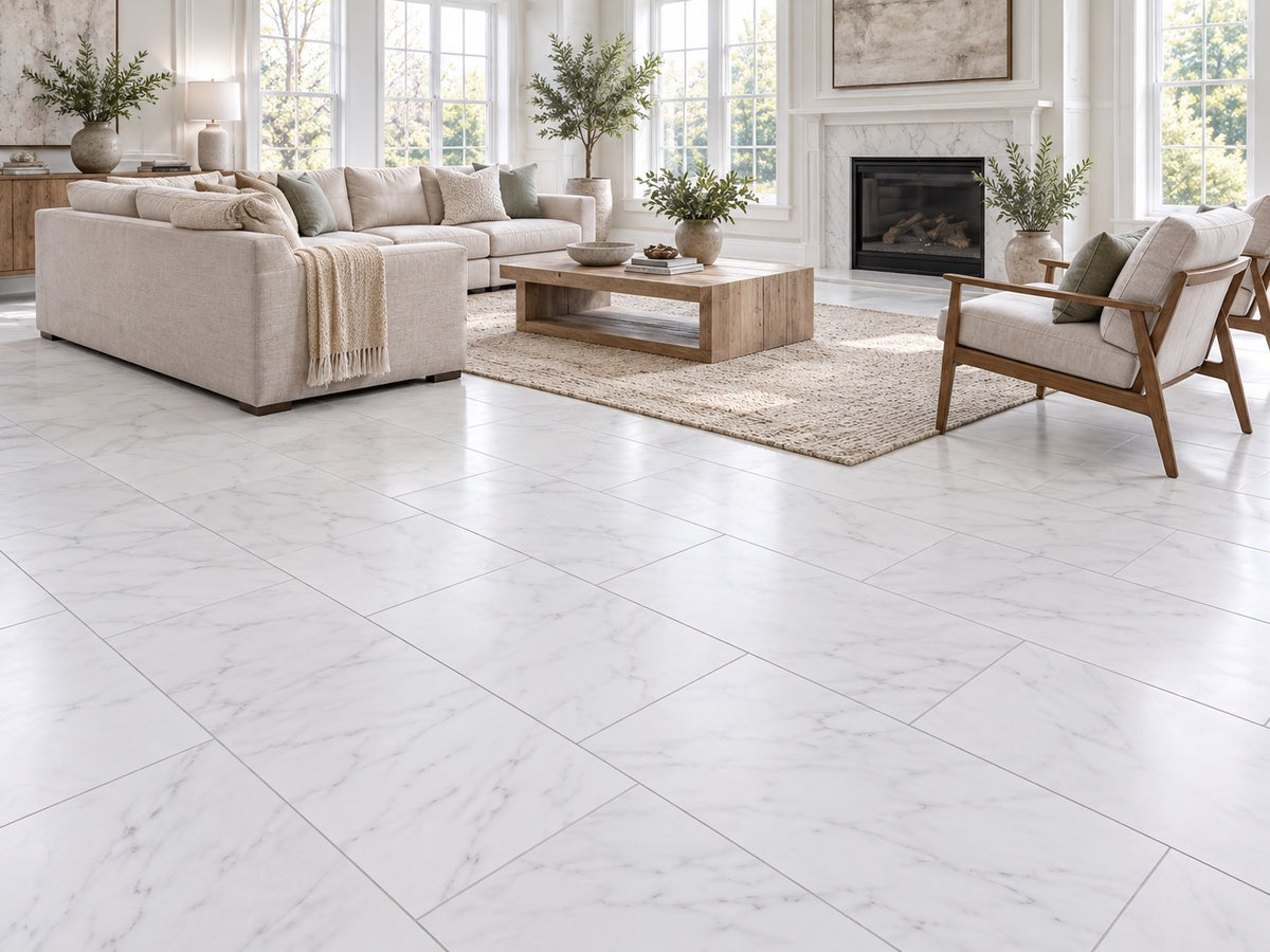 Living room with large white marble-look floor tiles and neutral furniture