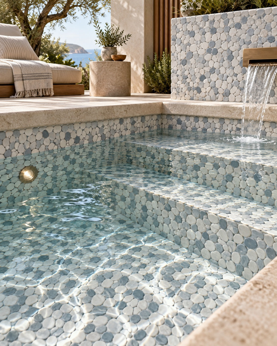 Plunge pool lined with blue and white pebble mosaic tiles