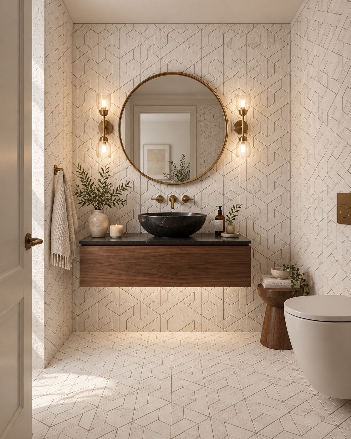 Powder room with white geometric stone mosaic walls and floor