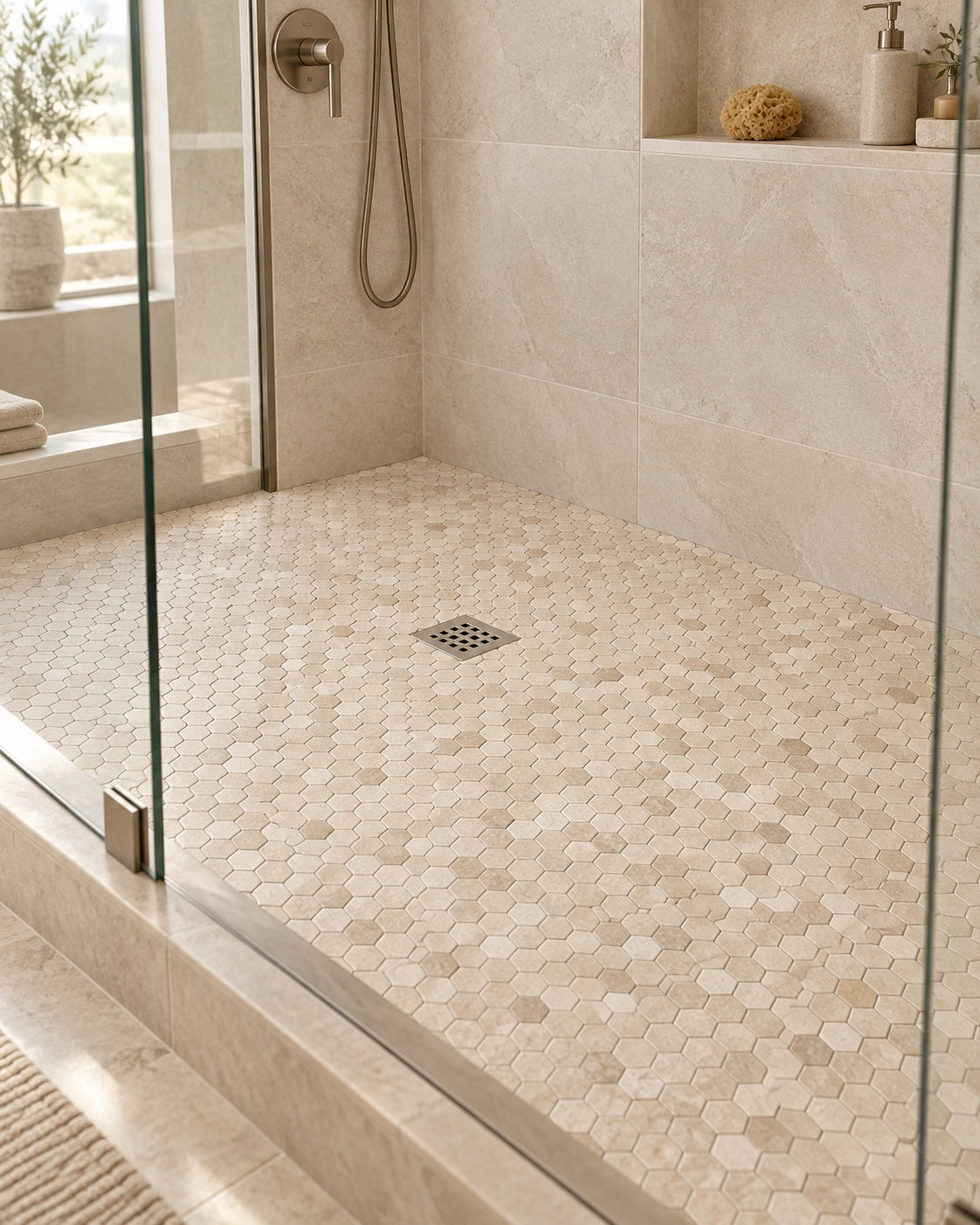 Walk-in shower with a beige hexagon mosaic floor and large-format wall tiles