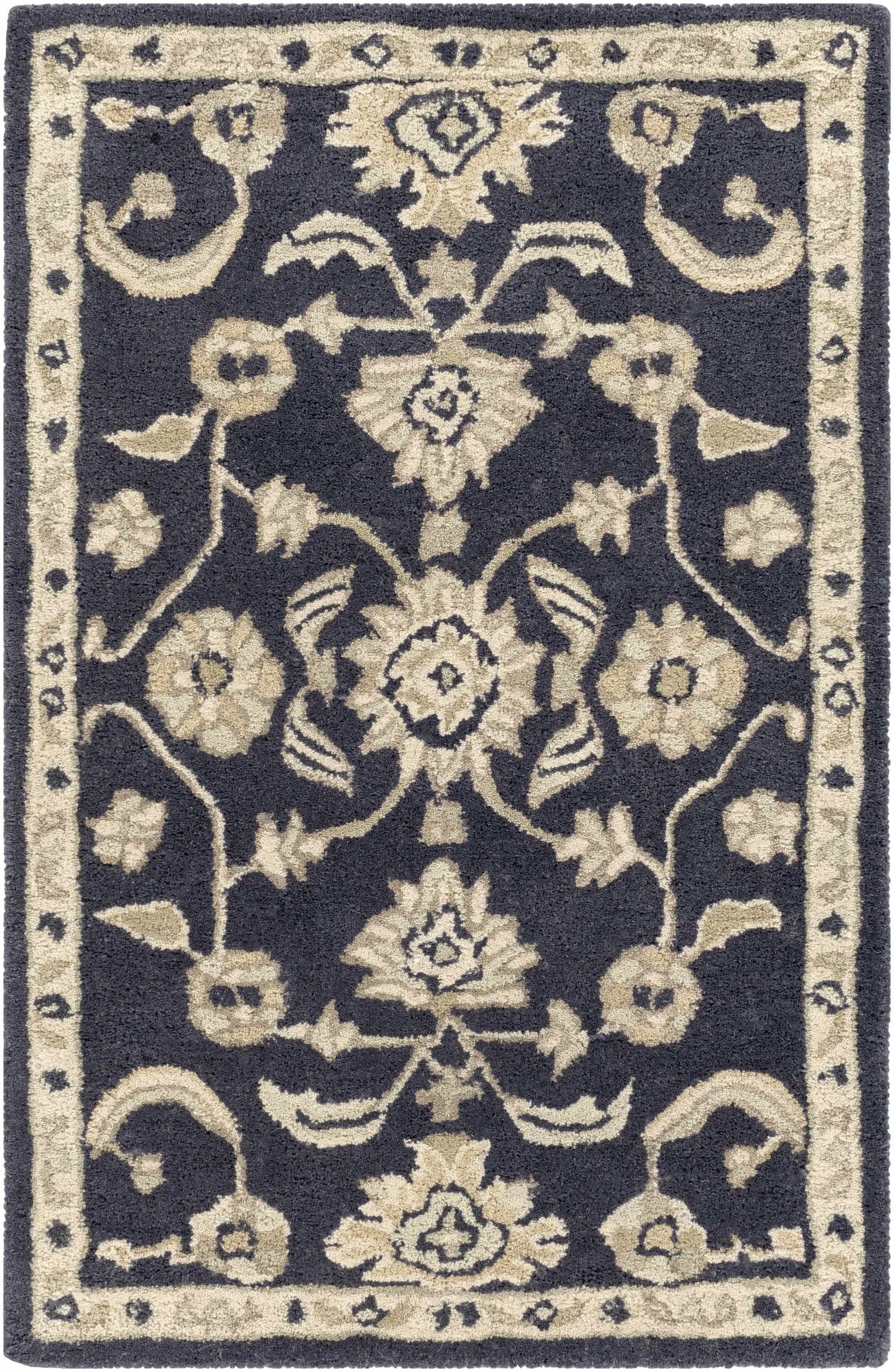 Caesar CAE-1164 Black Floral Wool Rug by Boutique Rugs