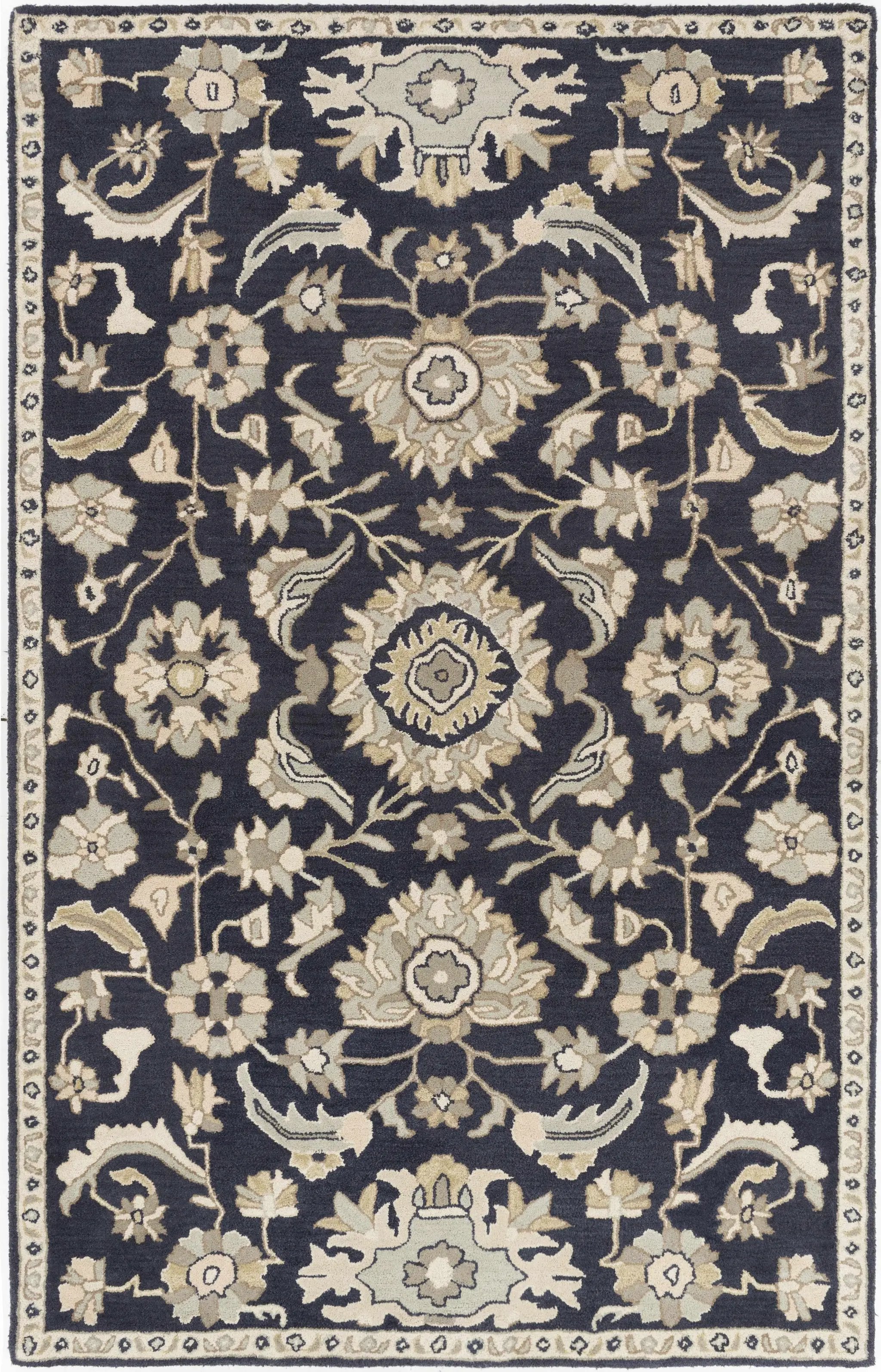 Caesar CAE-1164 Black Floral Wool Rug by Boutique Rugs