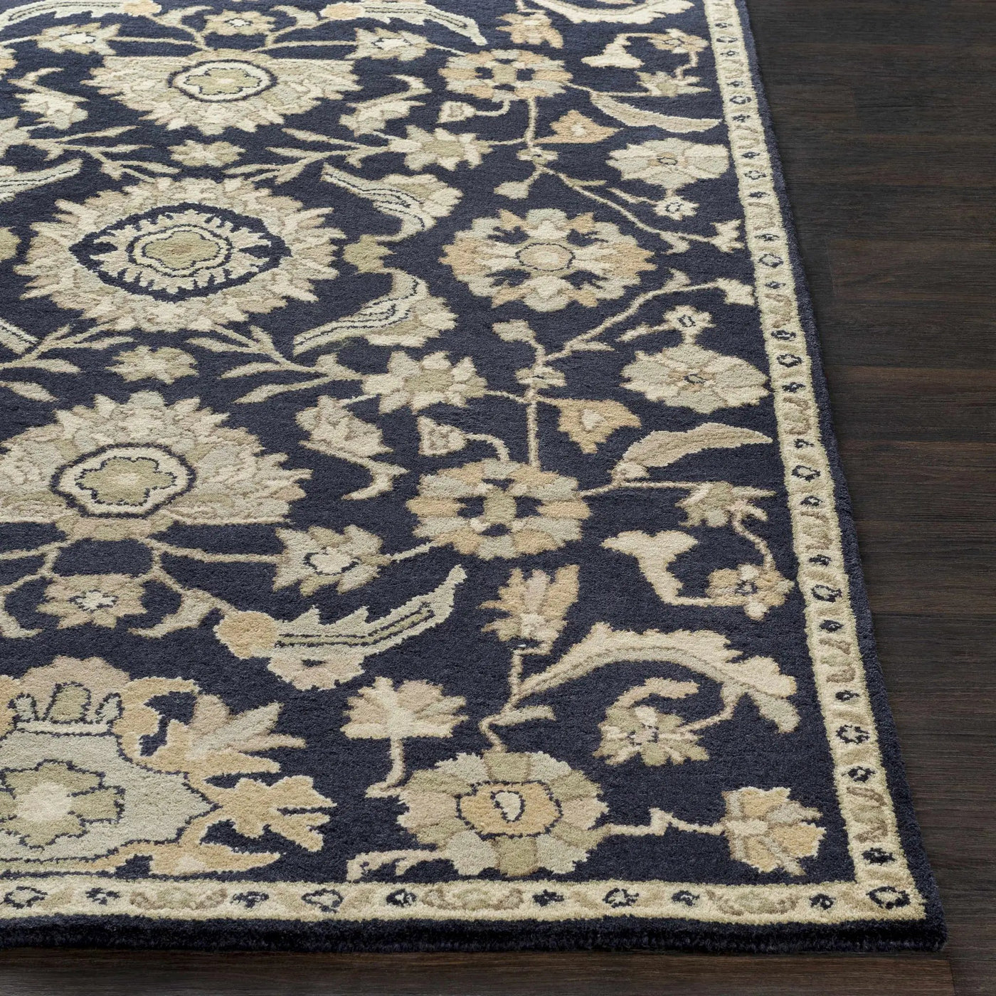 Caesar CAE-1164 Black Floral Wool Rug by Boutique Rugs