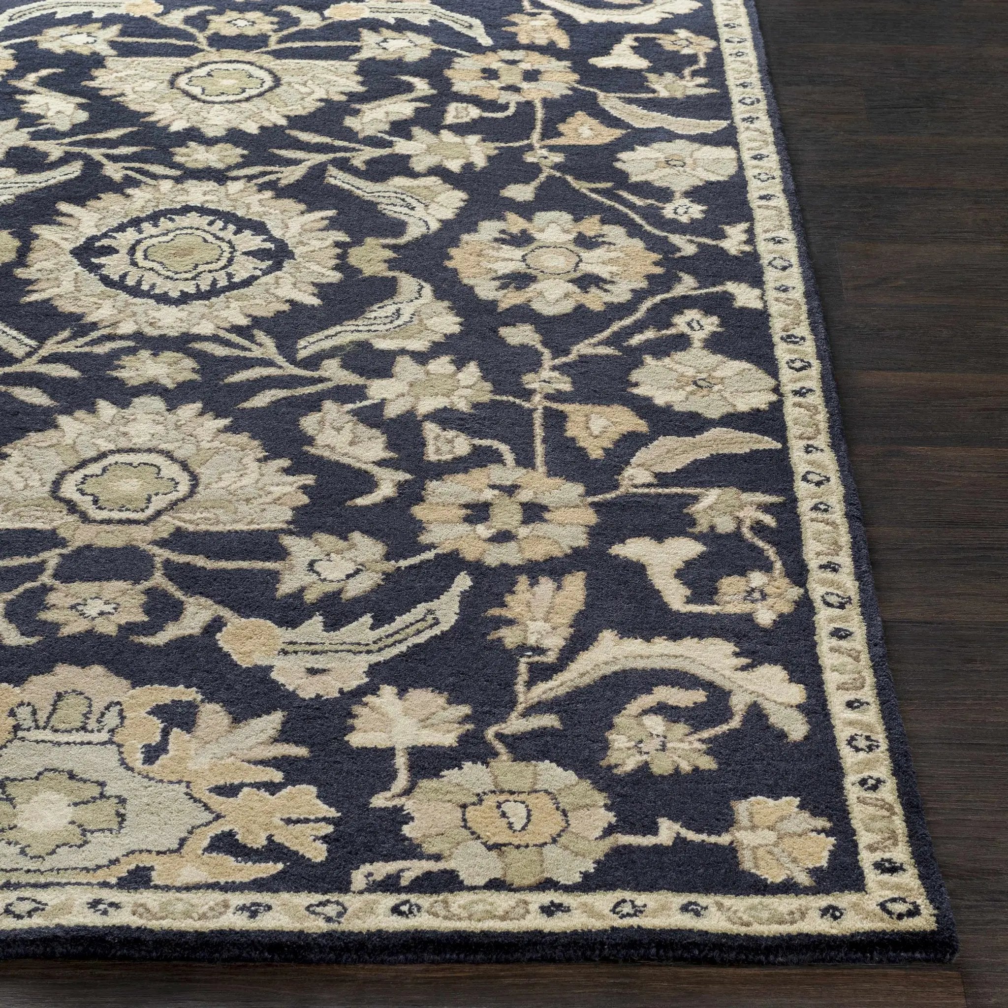 Caesar CAE-1164 Black Floral Wool Rug by Boutique Rugs