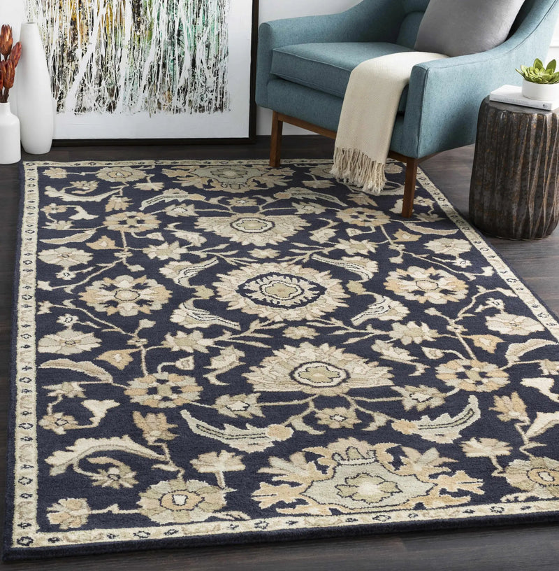 Caesar CAE-1164 Black Floral Wool Rug by Boutique Rugs