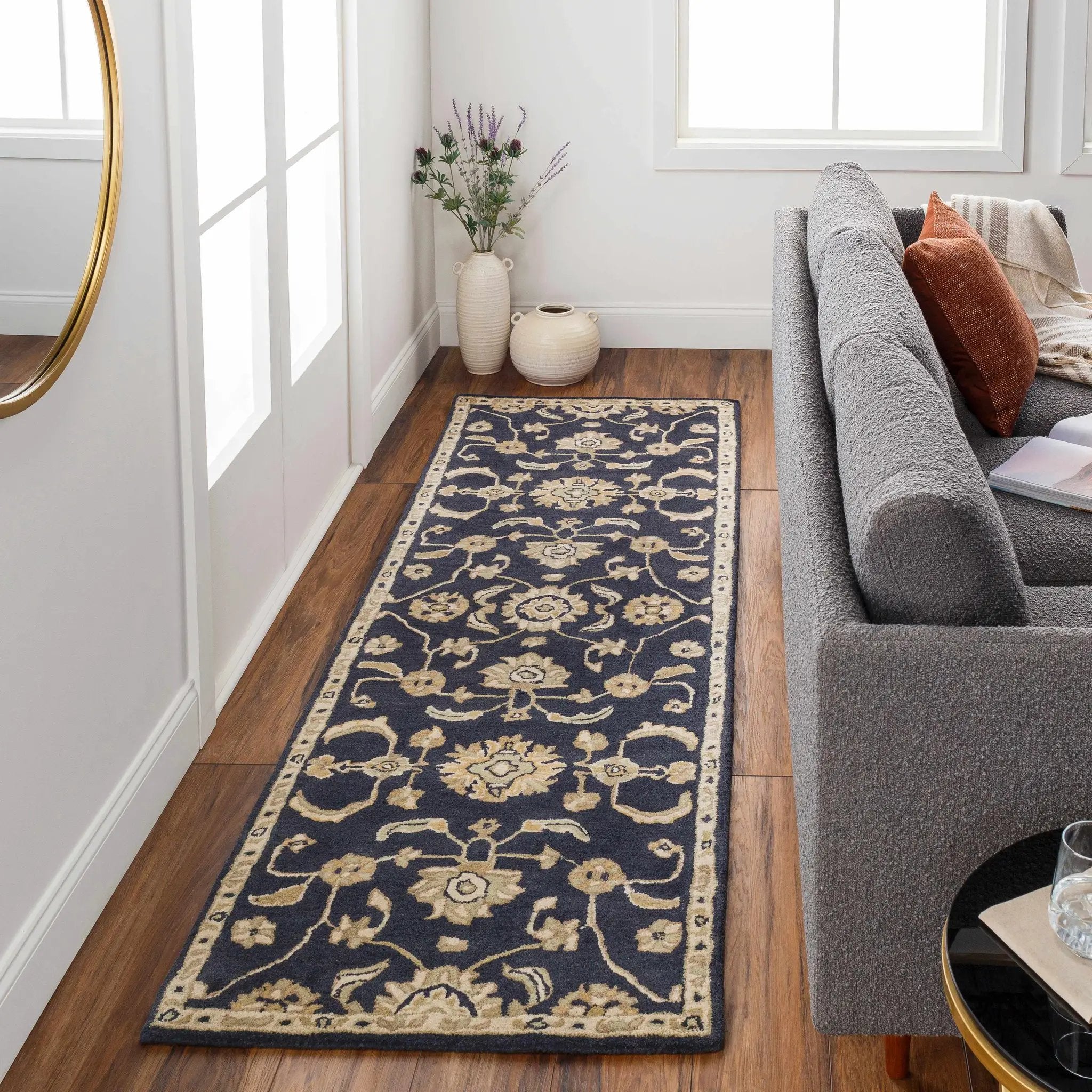 Caesar CAE-1164 Black Floral Wool Rug by Boutique Rugs