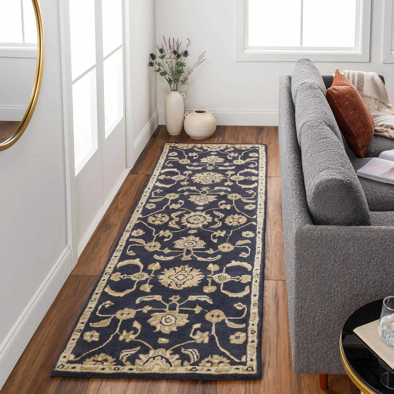 Caesar CAE-1164 Black Floral Wool Rug by Boutique Rugs