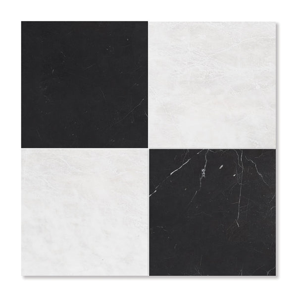 Black, Siberian White Honed Checkerboard Pattern Marble Tiles 12x12