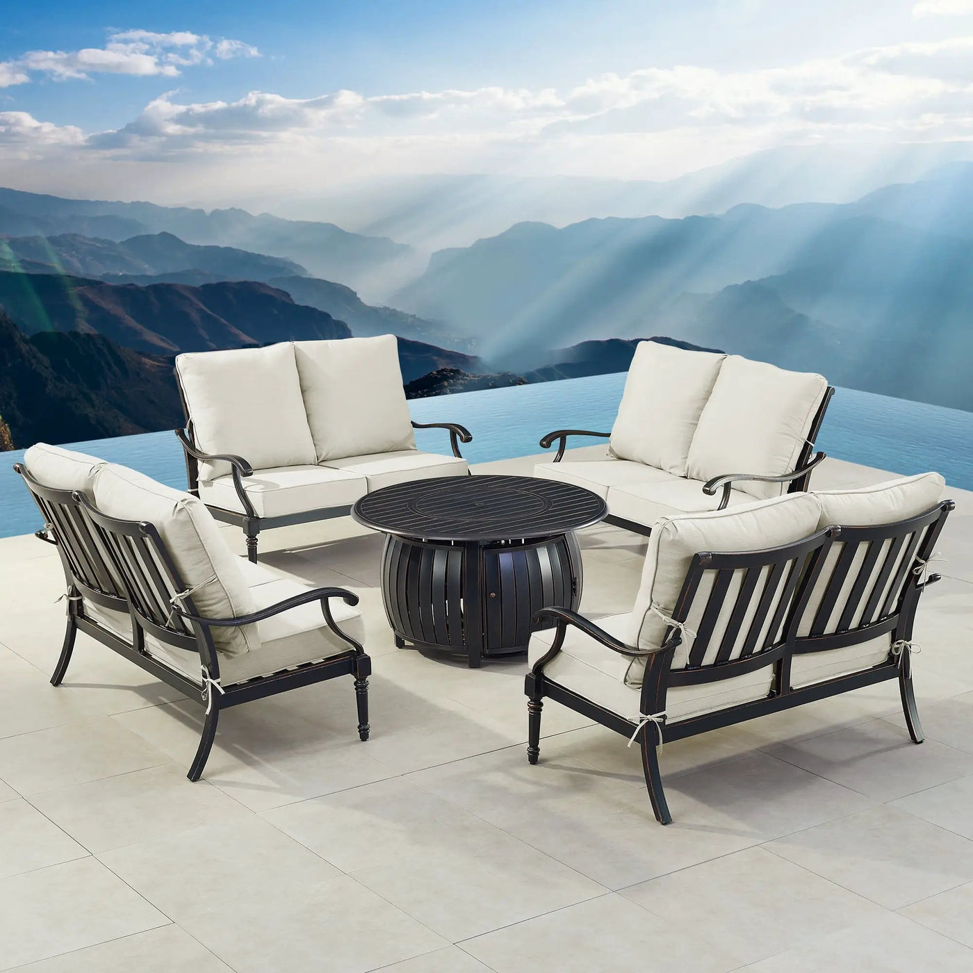 Black Aluminum Fire Table Set with Four Deep Seating Loveseats by Sharicks