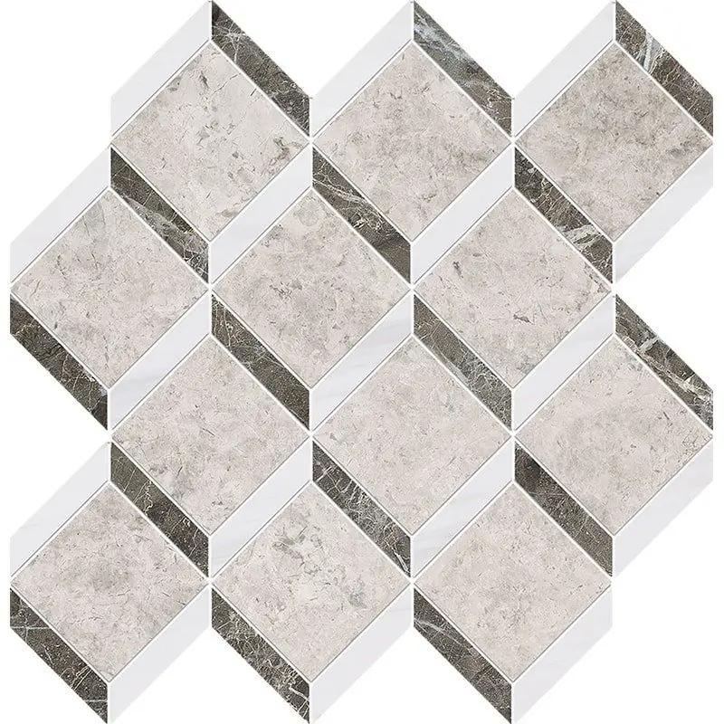 Silver Clouds, Snow White, Arctic Gray Multi Finish Steps 3d Marble Mosaics 14 9/16x14 15/16 by Stonetiledepot