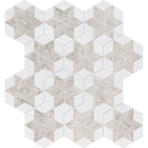 Silver Clouds, Snow White Multi Finish Stars Marble Mosaics 14 3/16x14 15/16