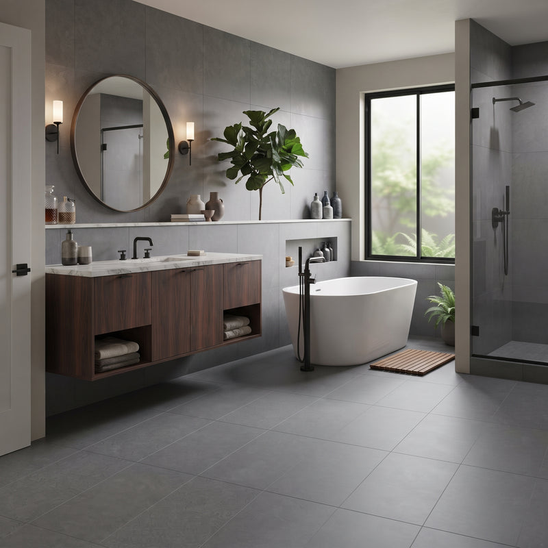 A modern bathroom interior with a floating double-sink vanity, round wall mirror, freestanding bathtub, large gray tile floor, and a glass shower enclosure. The room is styled with gray wall tiles, black fixtures, white countertops, and green plants.