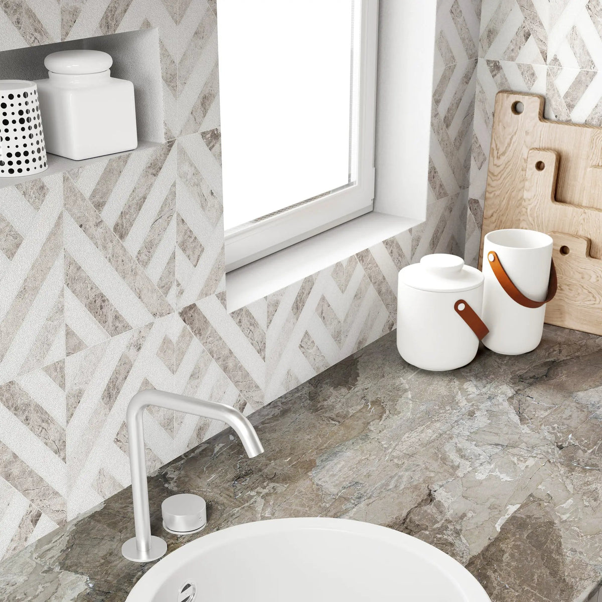 Silver Horizon Honed Ponte Marble Mosaics 14 5/16x14 5/16 room scene