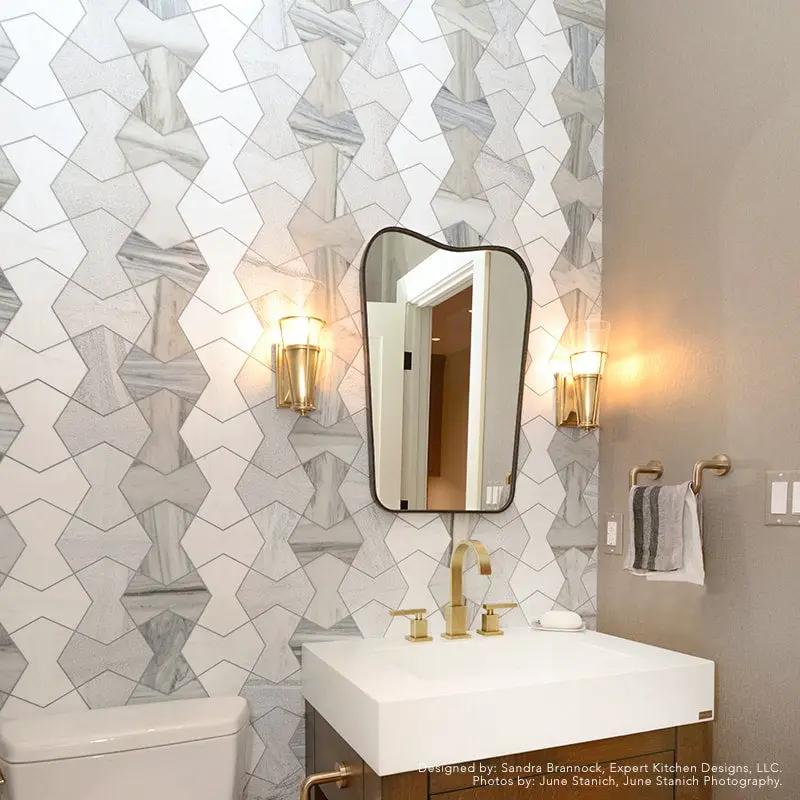 Silver Sky, Bianco Dolomite Multi Finish Cravat Marble Wall Decos 4 3/4x7 15/32 room scene 3