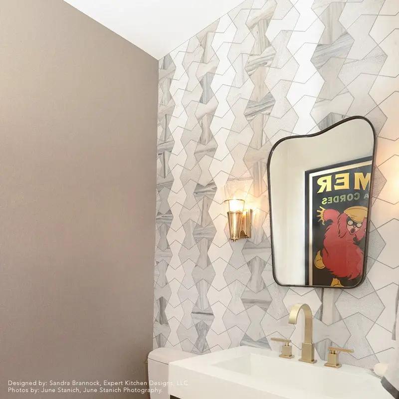 Silver Sky, Bianco Dolomite Multi Finish Cravat Marble Wall Decos 4 3/4x7 15/32 room scene 4