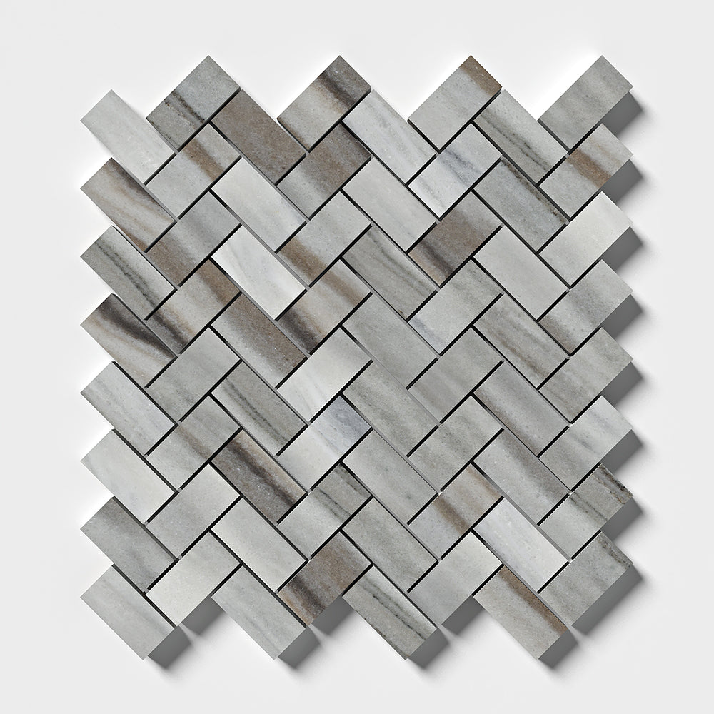 Silver Sky Honed Herringbone 1x2 Marble Mosaics 11x11 Marble Honed 12x12 Mosaics