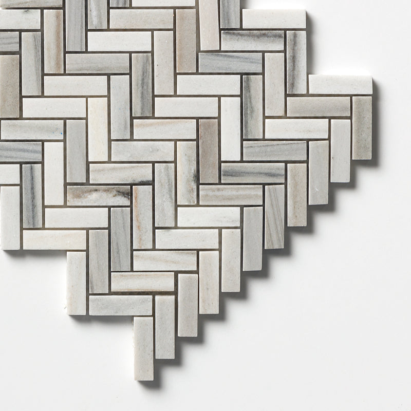 Silver Sky Honed Herringbone 5/8x2 Marble Mosaics 12 1/8x13 3/8 Marble Honed 12x12 Mosaics — 3